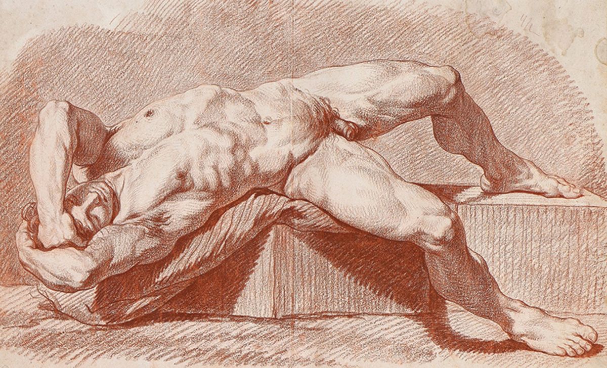 Jacques-Louis David’s red-chalk drawing Reclining Male Nude (around 1775–77)