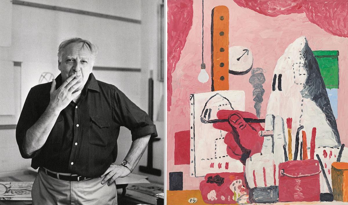 A major show on the late artist Philip Guston (left) has been delayed because of sensitivities around his KKK imagery (right, The Studio, 1969) Guston portrait: Photo: Frank R. Lloyd. The Studio: © The Estate of Philip Guston