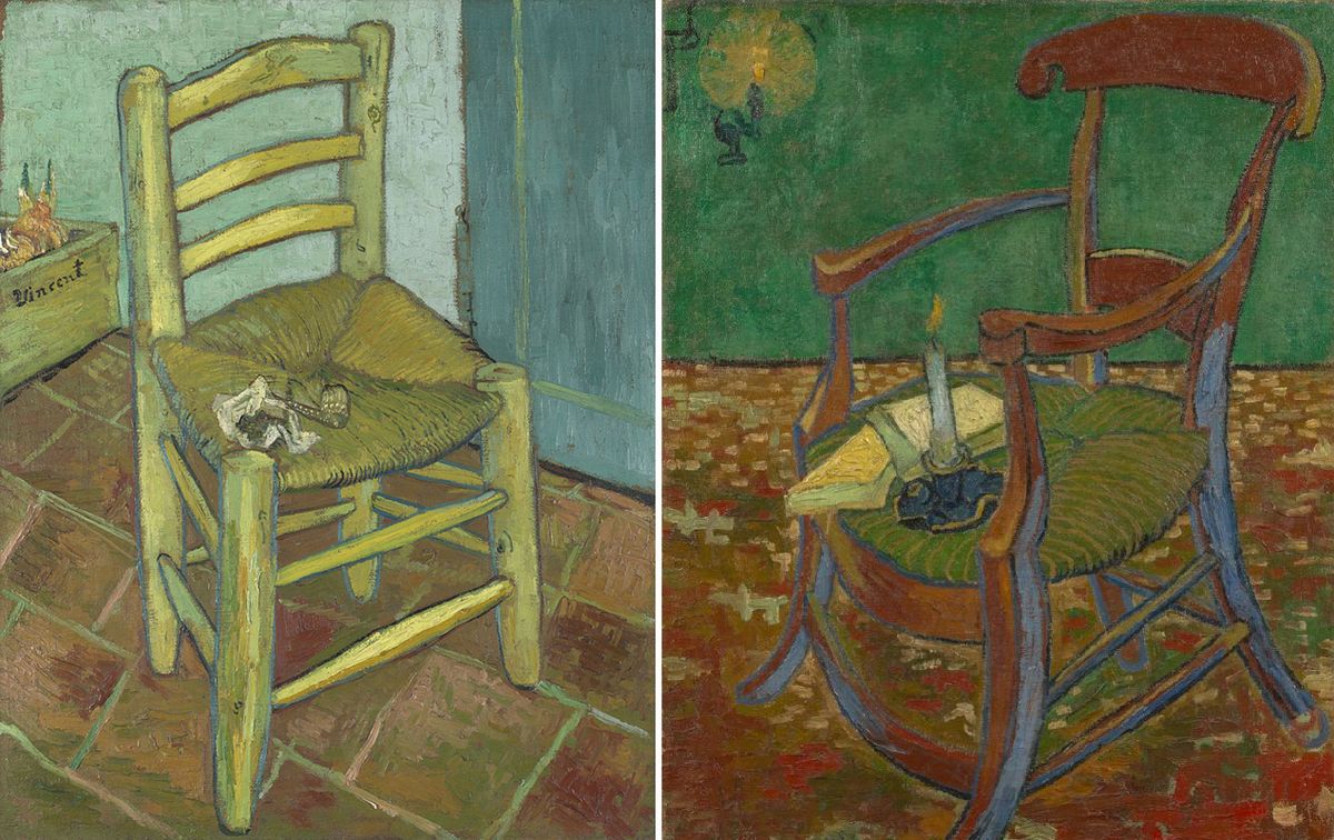 Van Gogh’s pair of paintings: Van Gogh’s Chair (November 1888-January 1889) and Gauguin’s Chair (November 1888) Credit: National Gallery, London and Van Gogh Museum, Amsterdam (Vincent van Gogh Foundation)