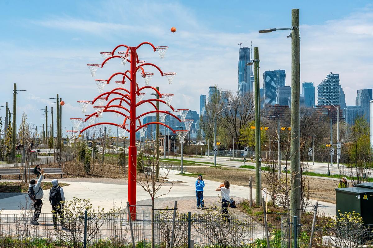 Orange Functional (2022) by the Cuban-born artist Alexandre Arrecheais part of the new Lassonde Art Trail, an initiative that is bringing public art to the waterfront of Toronto Photo: Vid Ingelevics and Ryan Walker; courtesy of Lassonde Art Trail