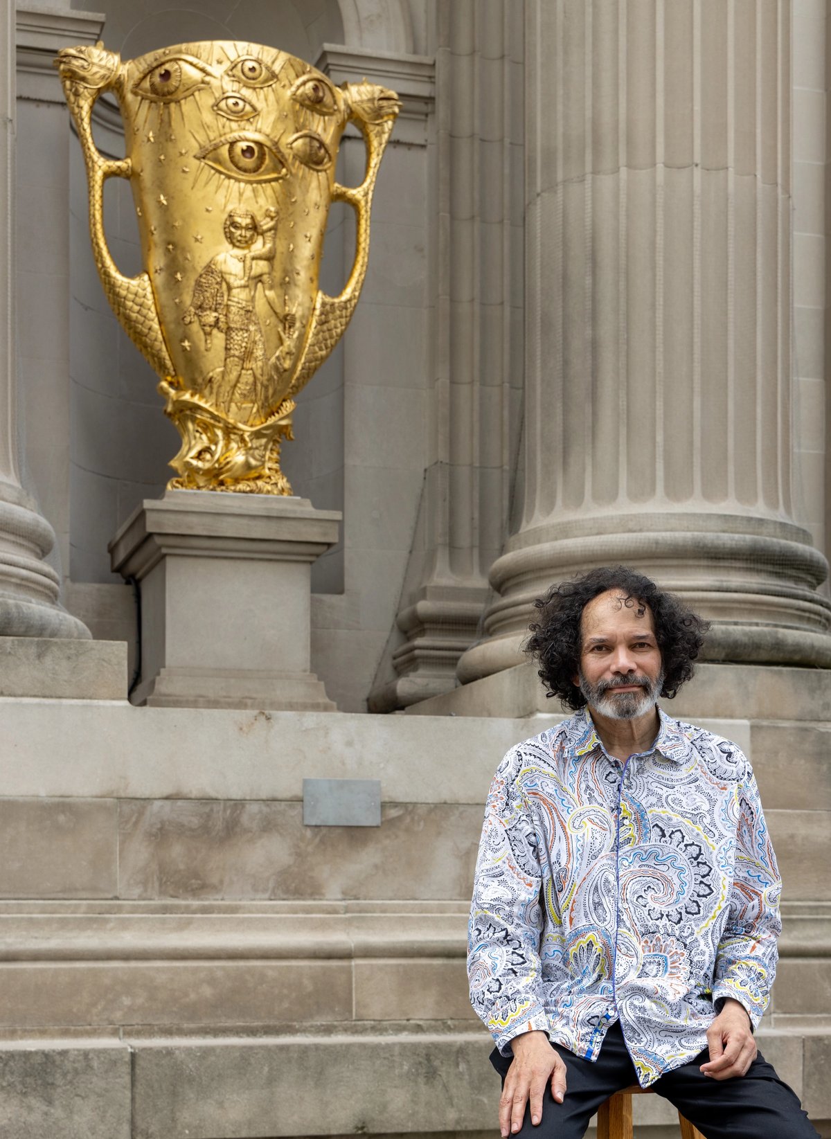 Hew Locke in front of one of his Gilt sculptures installed at the Metropolitan Museum of Art in New York
Courtesy of the Metropolitan Museum of Art. Photo: Anna-Marie Kellen