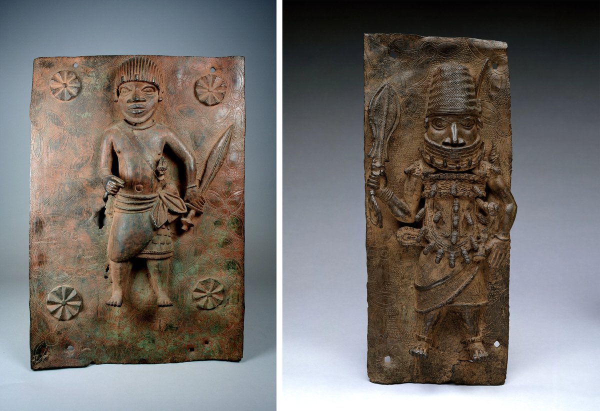 Bronze plaques depicting a junior court official (left) and warrior chief were removed from the Royal Palace of Benin in 1897 by the British military