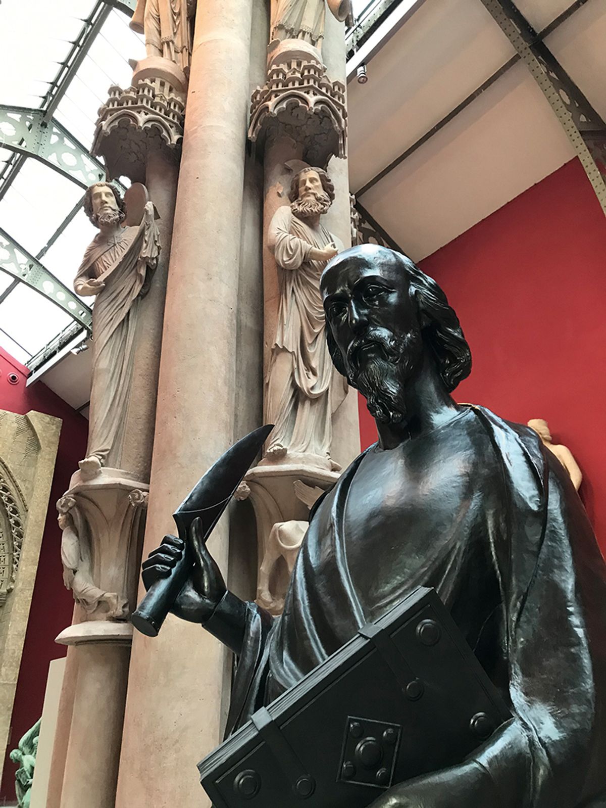 The statue ofSaint Bartholomew is one of the set that Eugène Viollet-le-Duc designed for the spire in 1857. The statues had gone green because of oxidation but are being returned to their original chocolate-brown colour Courtesy Socra