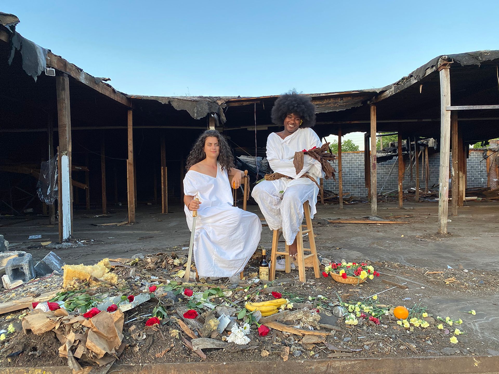 Christine Wyatt and Christina Leoni-Osion in a still from Alicia Díaz's video Entre Puerto Rico and Richmond: Women in Resistance Shall Not Be Moved (2020), co-created with Patricia Herrera, Wyatt, Leoni-Osion, Luis Vasquez La Roche, Héctor "Coco" Barez, Yaraní del Valle and David Riley, and to be released digitally Courtesy of the artist and collaborators