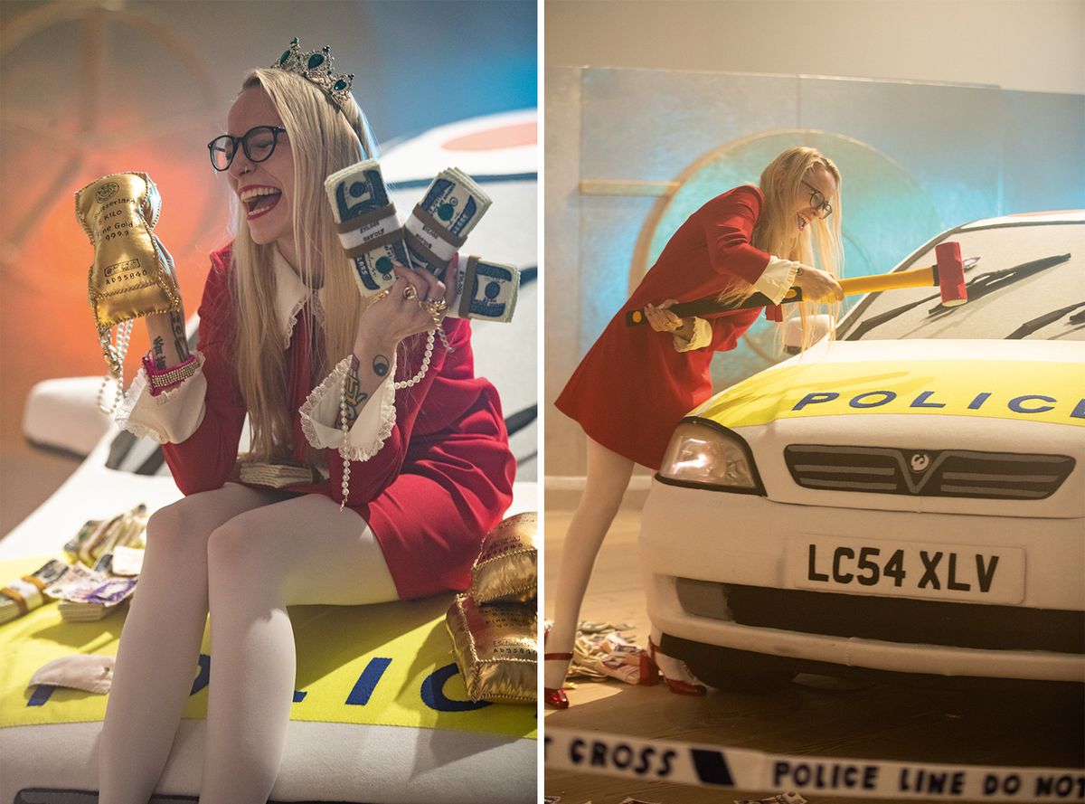 Fair cop: artist Lucy Sparrow with her installation of a heist, with cash, stolen art and a police car made from felt Courtesy of DK Photos