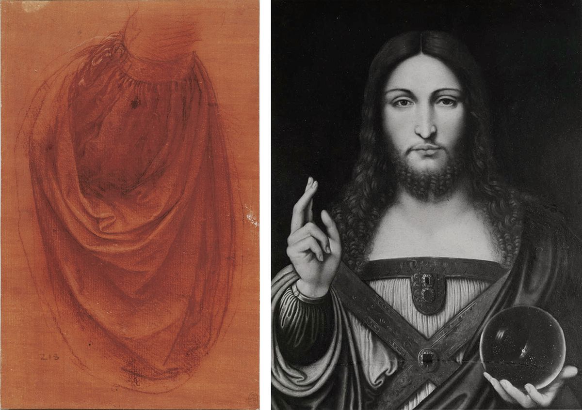 The so-called Yarborough Salvator Mundi (now lost), is the only version of the painting that follows the red chalk preparatory drapery drawing with its cuffed sleeve detail (left) Sketch courtesy of Royal Collection