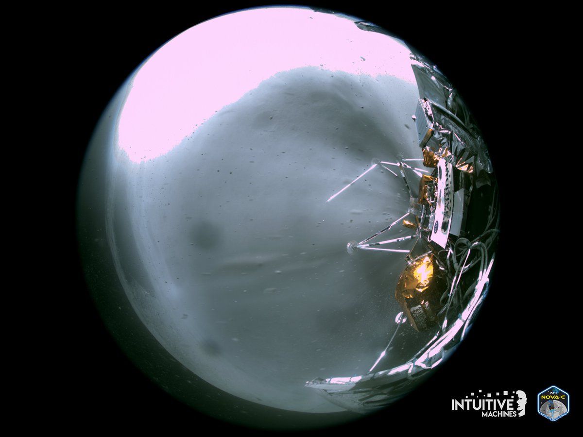 A lunar image from the Nova-C Odysseus, a spacecraft carrying 125 stainless steel Jeff Koons sculptures, Intuitive Machines via X