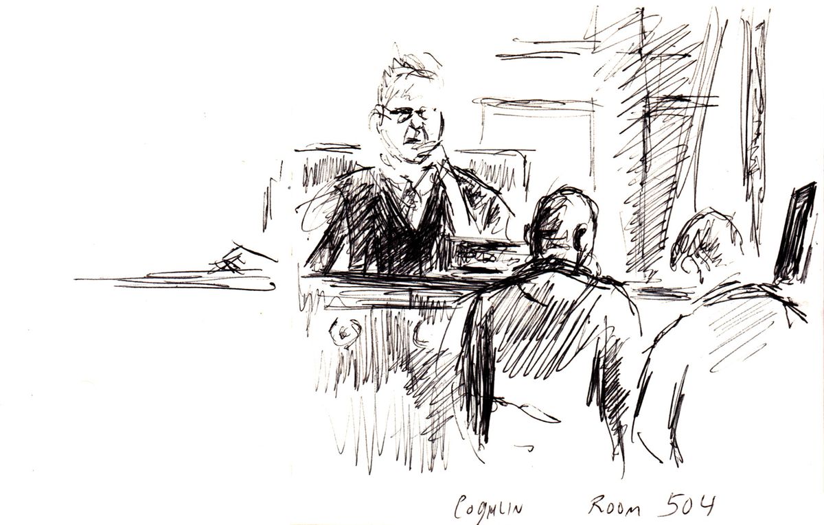 Sketch of Circuit Judge Matthew Coghlan addressing  a defendant, by artist in residence Dmitry Samarov © Dmitry Samarov