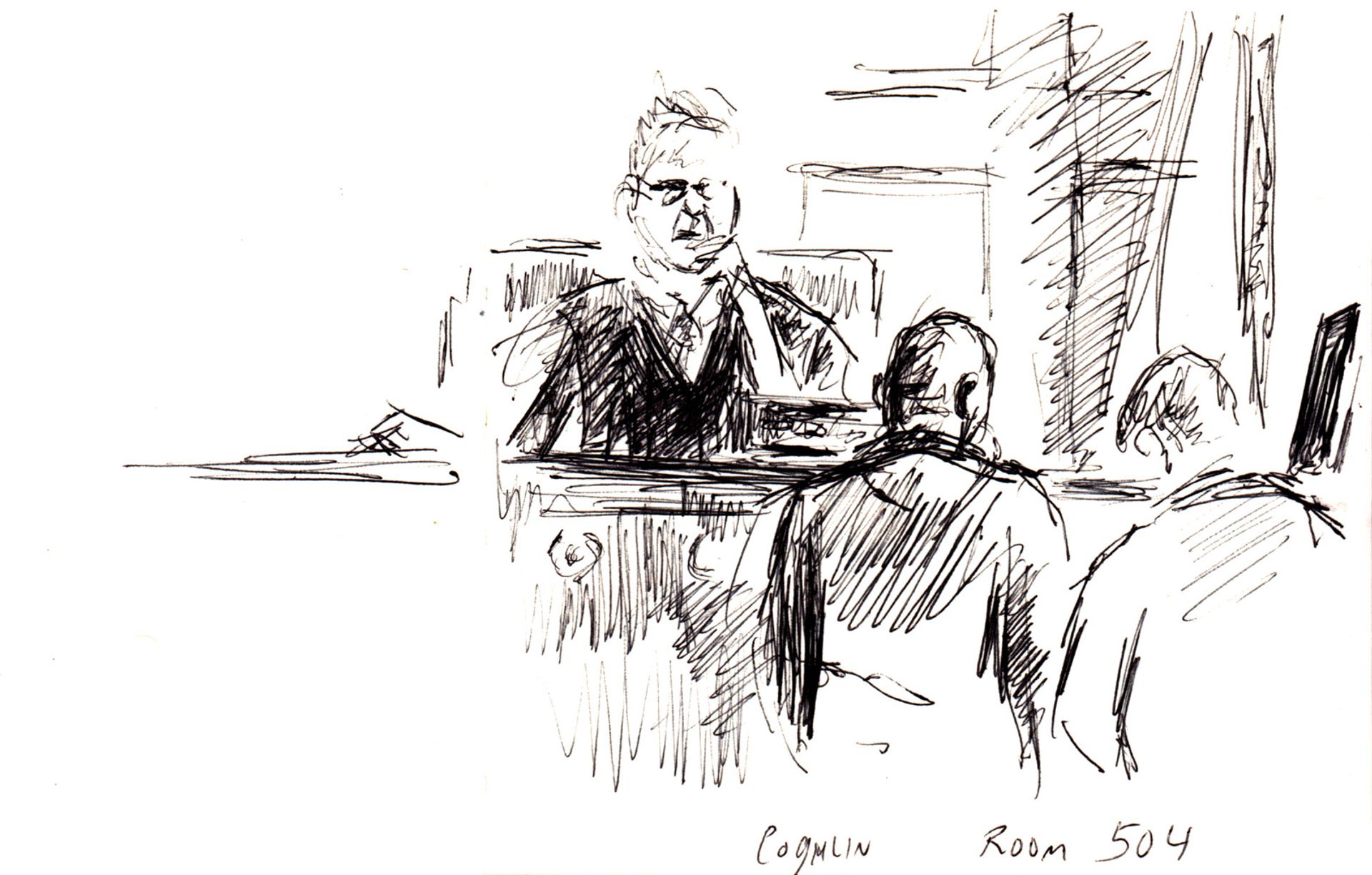 Sketch of Circuit Judge Matthew Coghlan addressing  a defendant, by artist in residence Dmitry Samarov © Dmitry Samarov