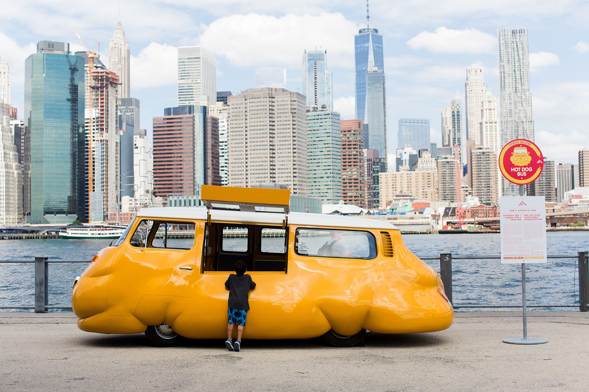 Erwin  Wurm, Hot Dog Bus (2018) Photo: Liz Ligon, Courtesy Public Art Fund, New York. Courtesy of the artist, K11 Art Foundation Hong Kong, KÖNIG GALERIE Berlin, and Lehmann Maupin New York and Hong  Kong