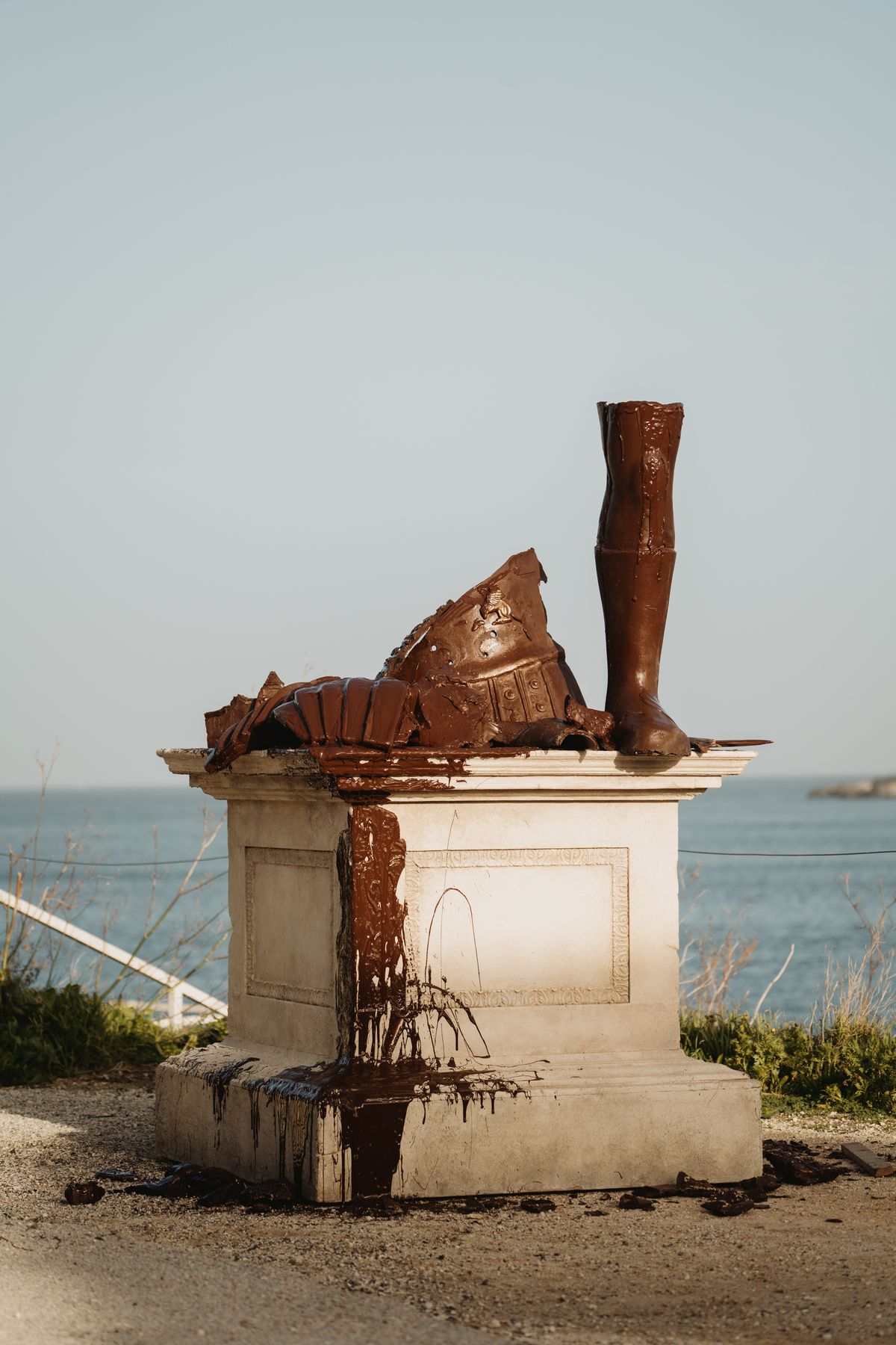 The Tiziano Cassar's chocolate gladiator melts on the set of Charlie Cauchi’s Dolce. The sculpture and film can be seen in the Malta Pavilion in the Arsenale.
Photo: Alexandra Pace