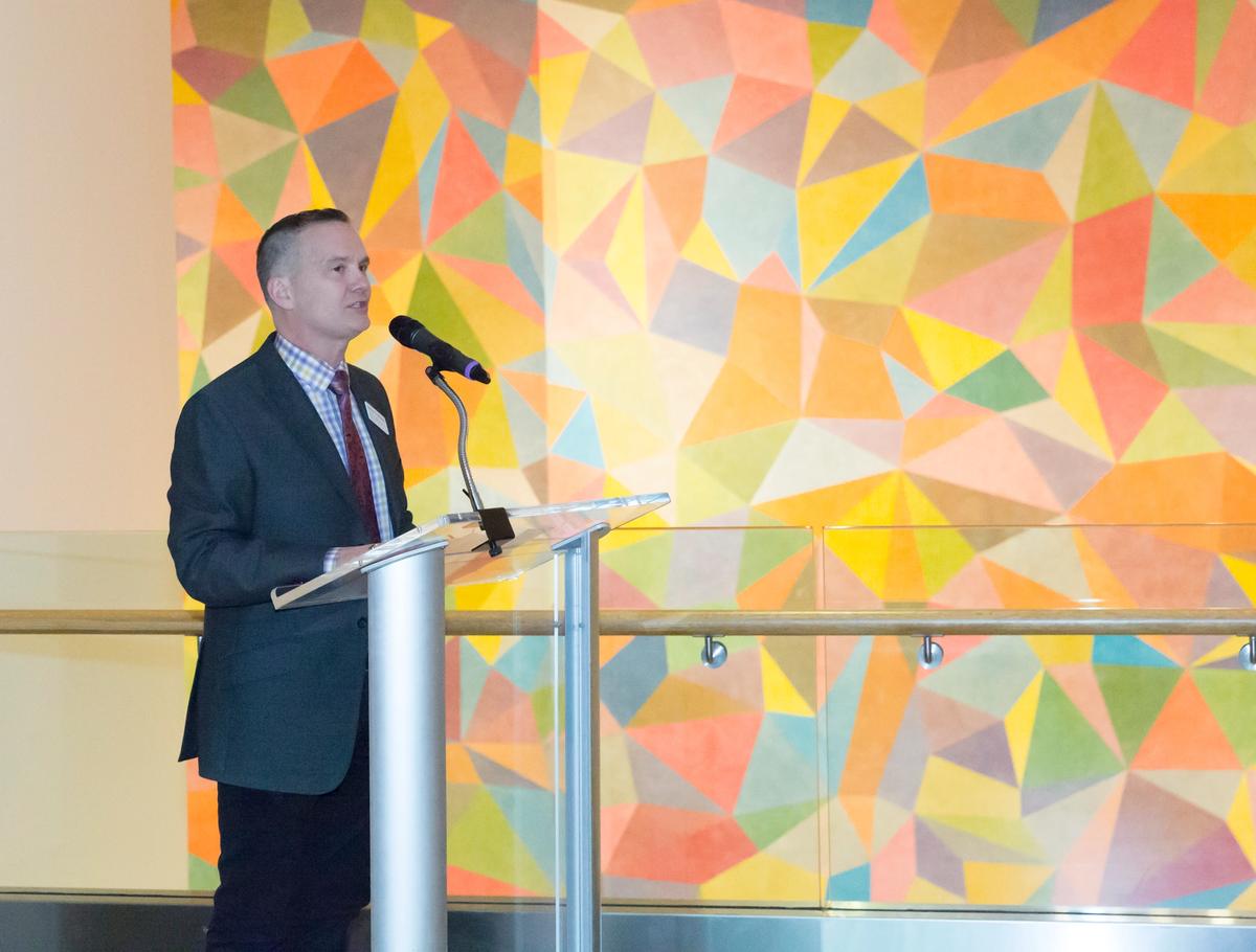 Charles Venable speaks at the opening of the Indianapolis Museum of Art's 2016 exhibition A Joy Forever: Marie Webster Quilts Photo: Tascha Horowitz