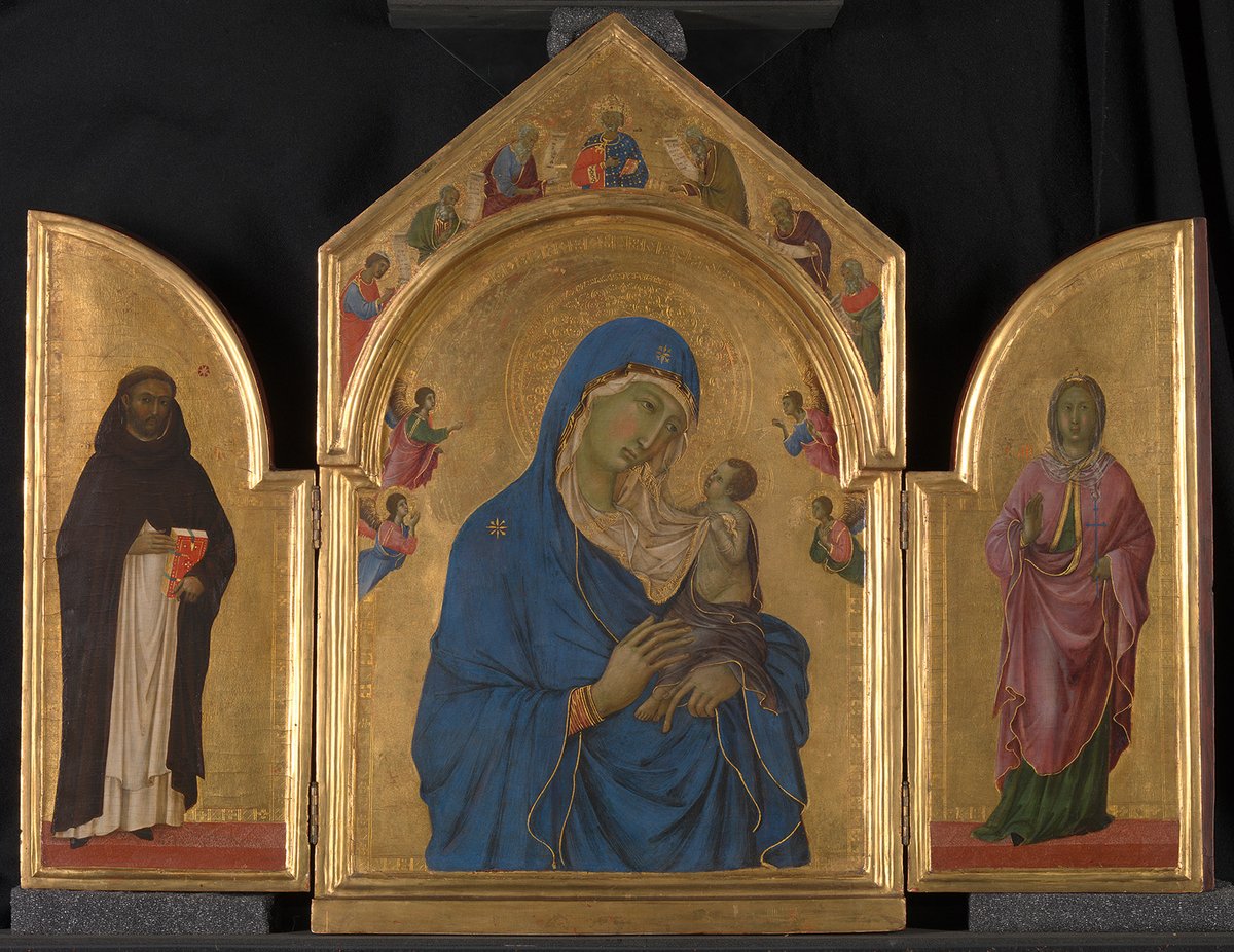 The National Gallery show includes more than 75 14th-century works, including the Duccio triptych The Virgin and Child with Saint Dominic and Saint Aurea, and Patriarchs and Prophets (around 1312-15) Courtesy of The National Gallery London