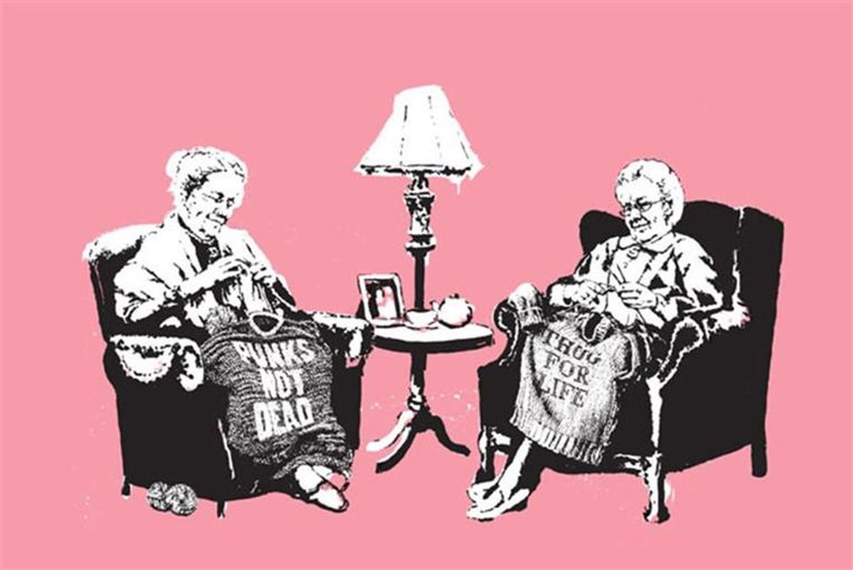 Banksy's Grannies painting was first shown in his Barely Legal show in Los Angeles in 2006 alongside 100 limited edition prints