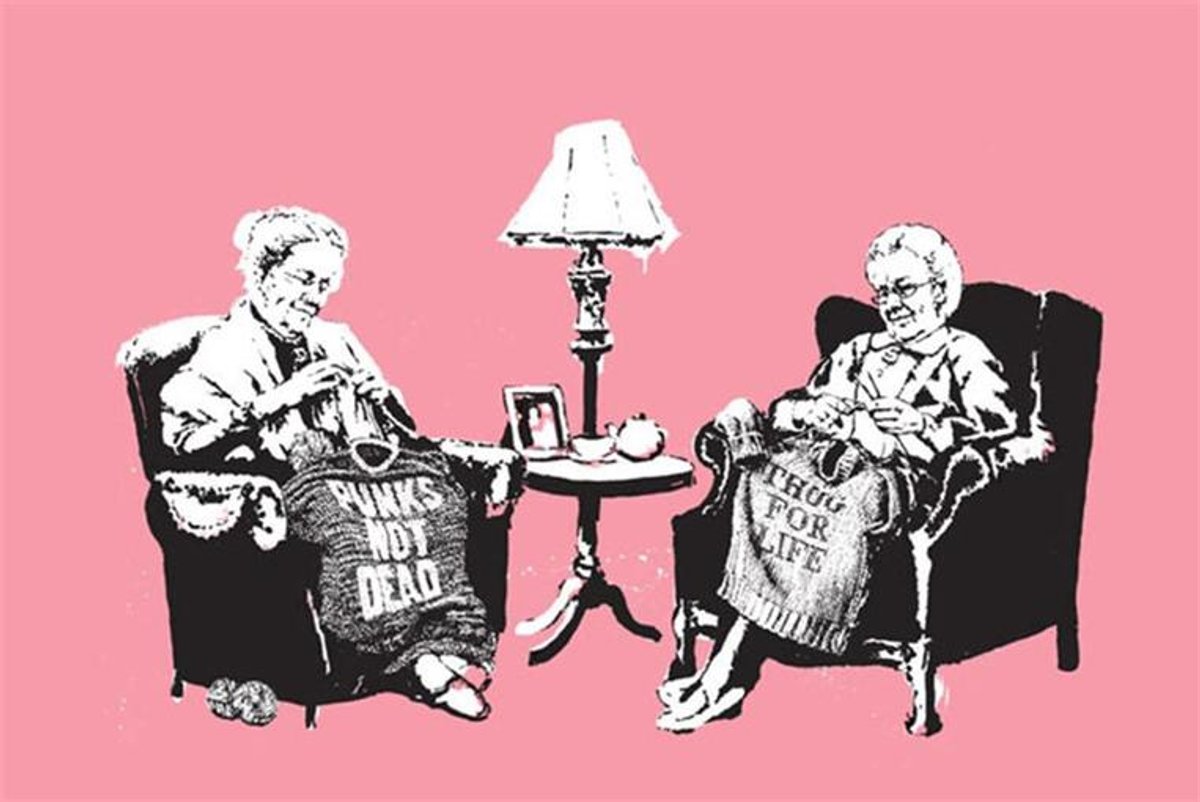 Banksy's Grannies painting was first shown in his Barely Legal show in Los Angeles in 2006 alongside 100 limited edition prints