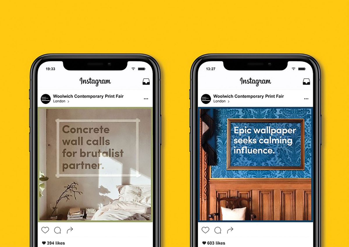 Adverts for Woolwich Contemporary Print Fair’s art advisory service on Instagram, designed by Johnson Banks Courtesy of Woolwich Contemporary Print Fair. Image: Johnson Banks
