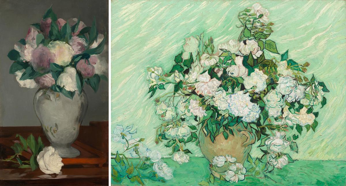 Edouard Manet’s Peonies (1864-65) and Van Gogh’s Roses (May 1890) Manet: Courtesy of the Metropolitan Museum of Art, New York (bequest of Joan Whitney Payson, 1975, 1976.201.16) Van Gogh: Courtesy of the National Gallery of Art, Washington, DC (gift of Pamela Harriman in memory of W. Averell Harriman, 1991.67.1)