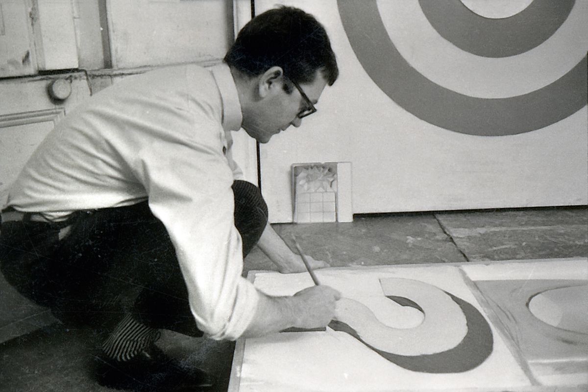 Joe Tilson at his Argyll Road studio in London in the 1960s
© Tilson family archives