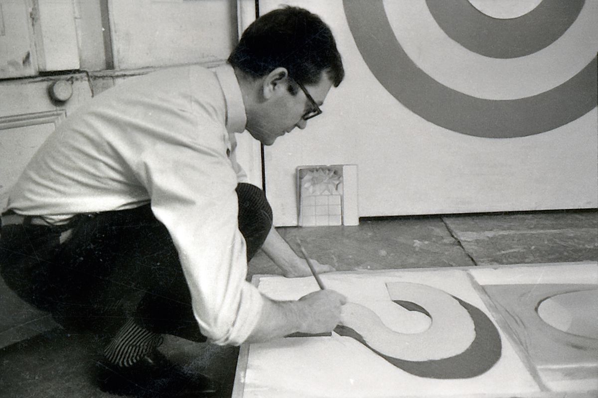 Joe Tilson at his Argyll Road studio in London in the 1960s

© Tilson family archives