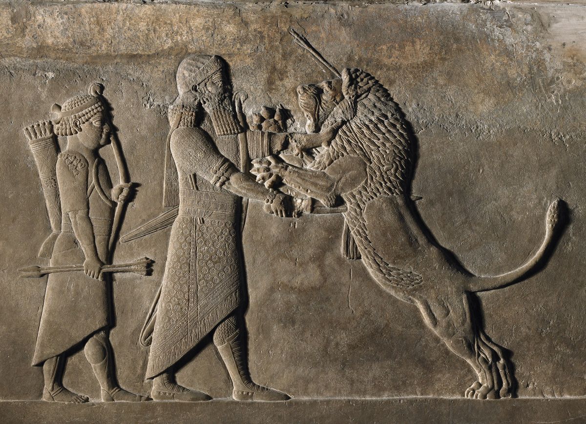 Relief from Nineveh showing combat with a lion (645-635BC) The Trustees of the British Museum