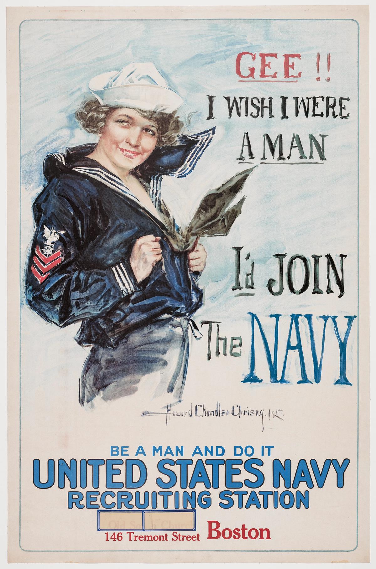 Gee!! I Wish I Were a Man—I'd Join the Navy, a poster by Howard Chandler Christy from around 1917–18, is one of the archival materials on show in the Museum of Fine Art, Boston's Gender Bending Fashion show Photo: © Museum of Fine Arts, Boston