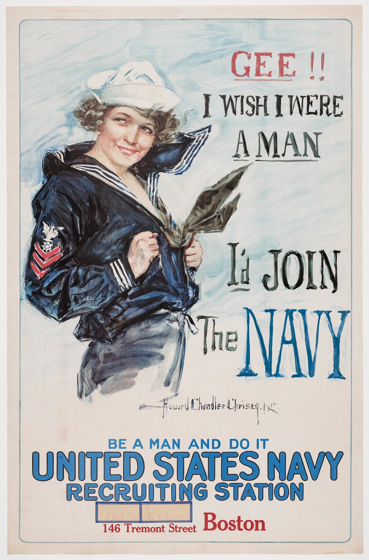 Gee!! I Wish I Were a Man—I'd Join the Navy, a poster by Howard Chandler Christy from around 1917–18, is one of the archival materials on show in the Museum of Fine Art, Boston's Gender Bending Fashion show Photo: © Museum of Fine Arts, Boston