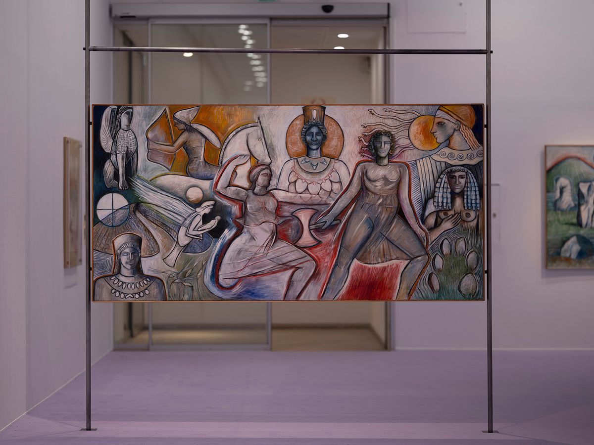  Amazon Women of the Bronze Age (1999) installed in Monica Sjöö's retrospective at Moderna Museet

© The Estate of Monica Sjöö. Photo: Albin Dahlström/Moderna Museet