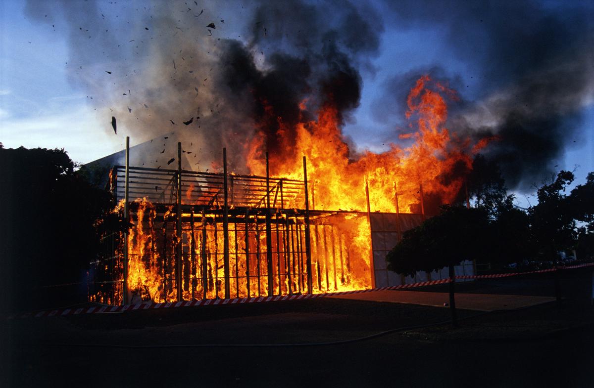 The artist Alfredo Jaar build an exhibition space out of paper and wood in Skoghall, Sweden, a small town that had no cultural spaces. Twenty four hours after it opened, he burned it down. 

Alfredo Jaar ,The Skoghall Konsthall, 2000, Courtesy the artist