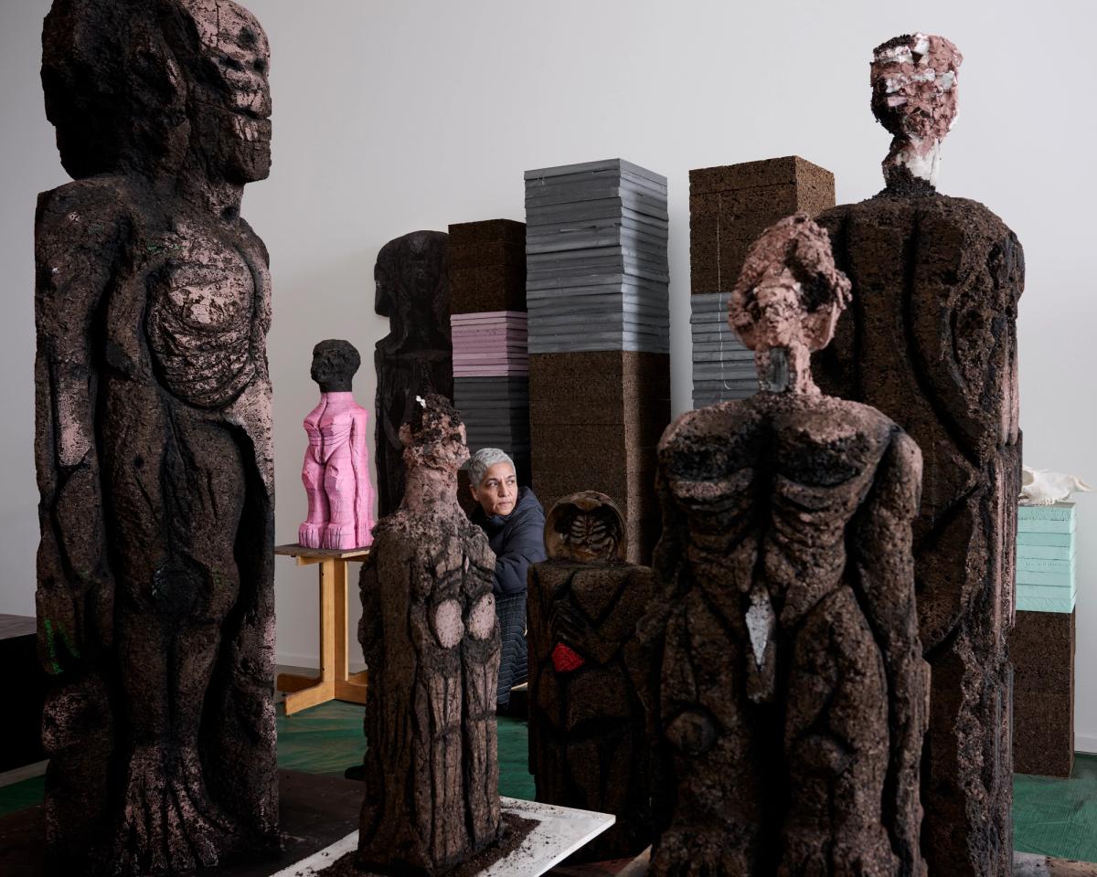 Huma Bhabha in her studio
Photo by Jason Schmidt. Artworks © Huma Bhabha. Courtesy the artist and David Zwirner