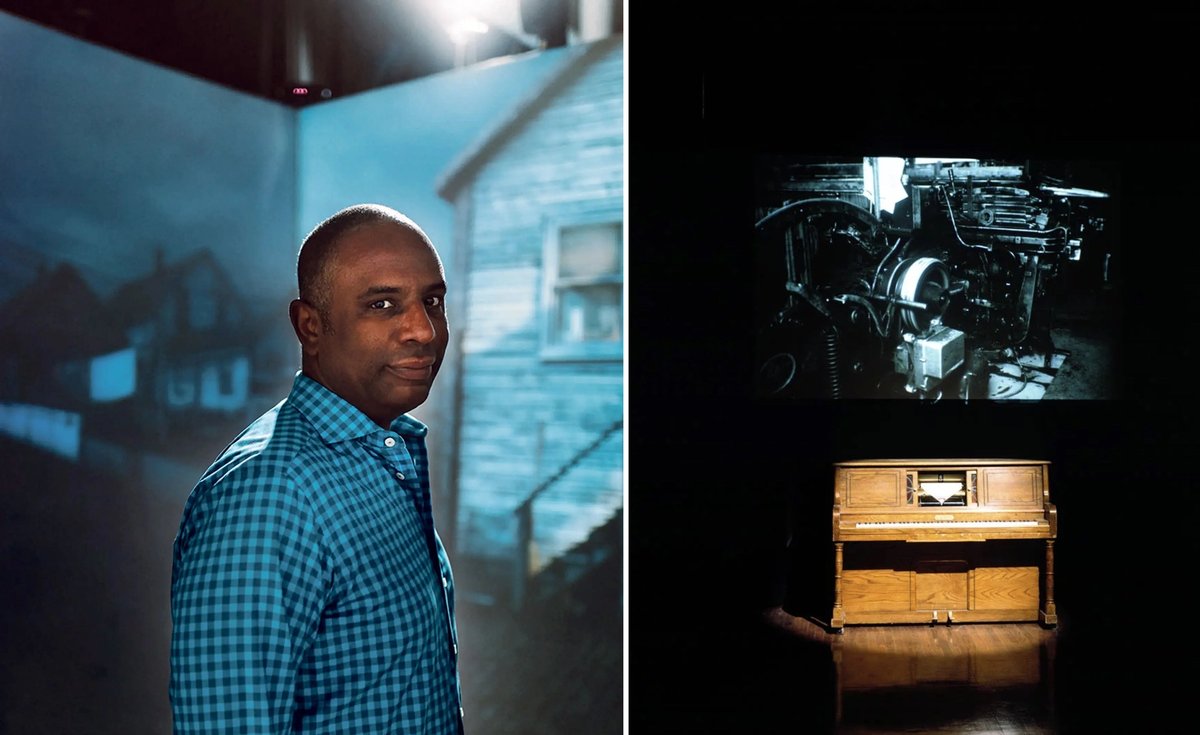 At Art Basel, Stan Douglas (left) is showing Onomatopoeia (1985-86, right), in which a fragment of a Beethoven sonata plays from a piano beneath a screen showing historic images Portrait: © Evaan Khera; Onomatopoeia: courtesy of David Zwirner