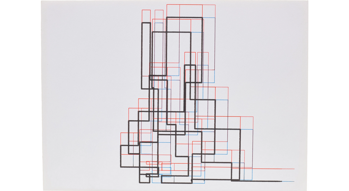 Frieder Nake's Random Polygonal Train Horizontal/Vertical (1965) was created on the Standard Elektrik-Lorenz ER56 computer and plotted on a Zuse Graphomat Z64 Courtesy of Phillips