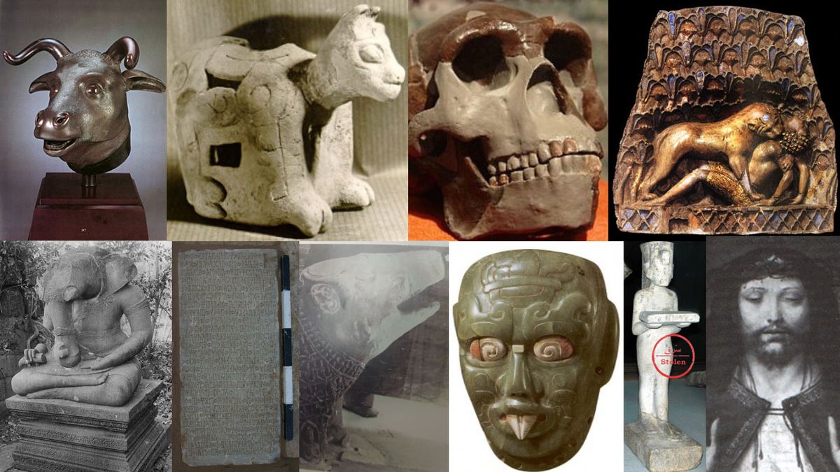 The Ten Most Wanted Antiquites: Old Summer Palace Zodiac Heads, China; Kolomoki Mound Artifacts, US; Peking Man, China; Lion Attacking a Nubian, Iraq; Statue of Ganesha, Cambodia; Alabaster Stone Inscription from Awam Temple, Yemen; Statue of Varaha, Vishnu’s Avatar, India; Río Azul Mask, Guatemala; Statue of Nefertiti Making Offerings, Egypt; Kwer’ata Re’esu Icon, Ethiopia Photo: The Antiquities Coalition