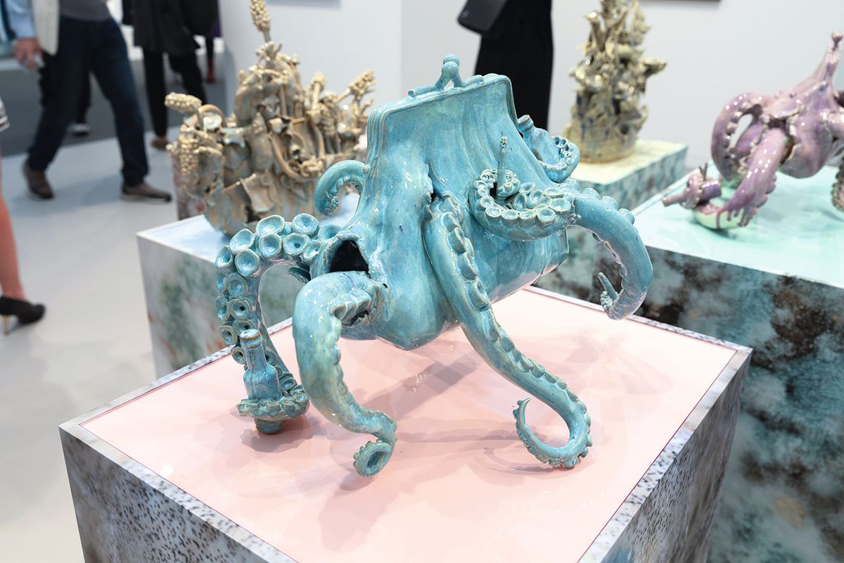 Lindsey Mendick’s I’m sorry for everything (2022), one of a series of fantastical ceramic handbags, at the stand of Margate-based Carl Freedman Gallery

Courtesy of the artist and Vigo Gallery

