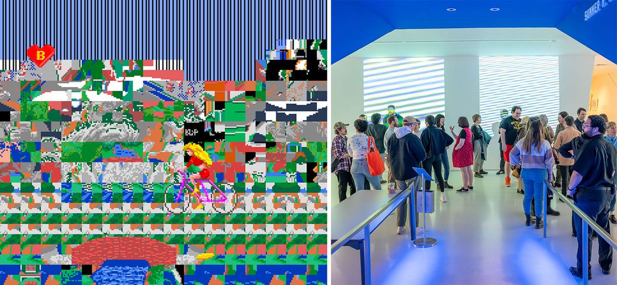 Sabato Visconti's barbie~world~breakdown (2024, left) is one of the works that visitors will be able to see on the giant media wall (right) in the lobby of the Museum of the Moving Image, New York as part of its Easel Engine display Barbie World: Courtesy of the artist; MoMI lobby: Thanassi Karageorgiou