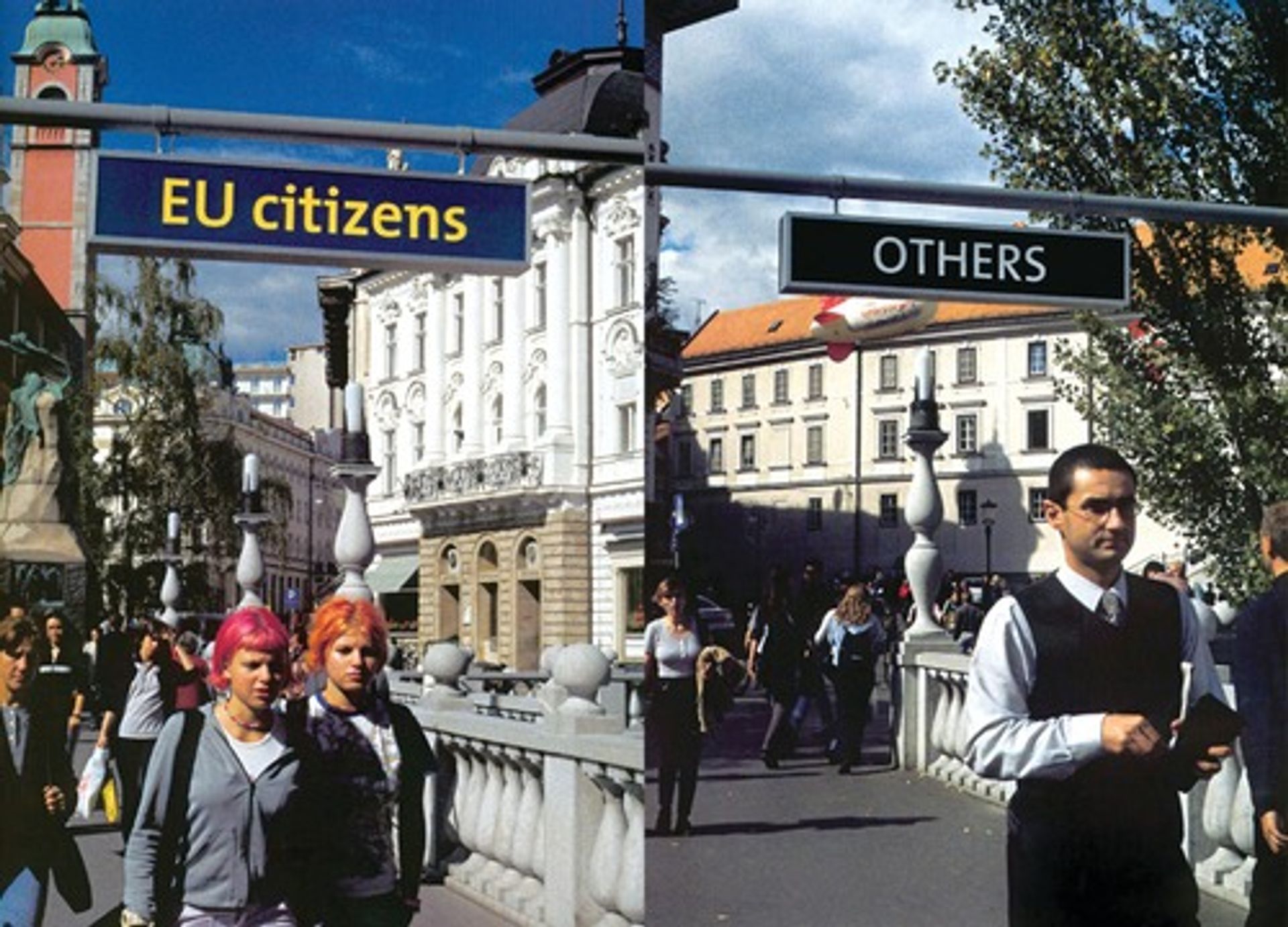 Šelja Kameric’s signs EU/Others (2000) will be displayed at the entrance of the exhibition (Image: courtesy of Šejla Kameric and Galerie Tanja Wagner, Berlin)