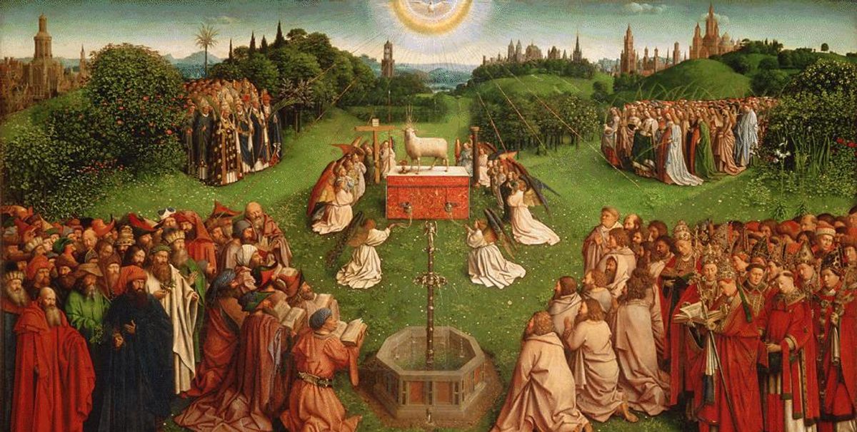 The central panel of Jan van Eyck's Adoration of the Mystic Lamb, known as the Ghent Altarpiece