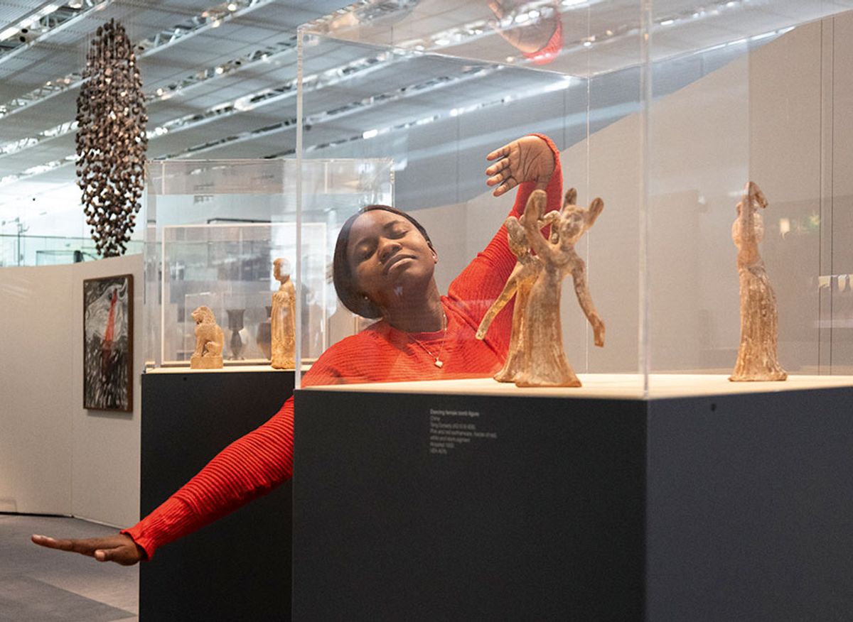 Keeping art alive: a young visitor mimics the pose of a seventh- to tenth-century Tang Dynasty tomb figure at the Sainsbury Centre in Norwich
Photo: Kate Wolstenholme