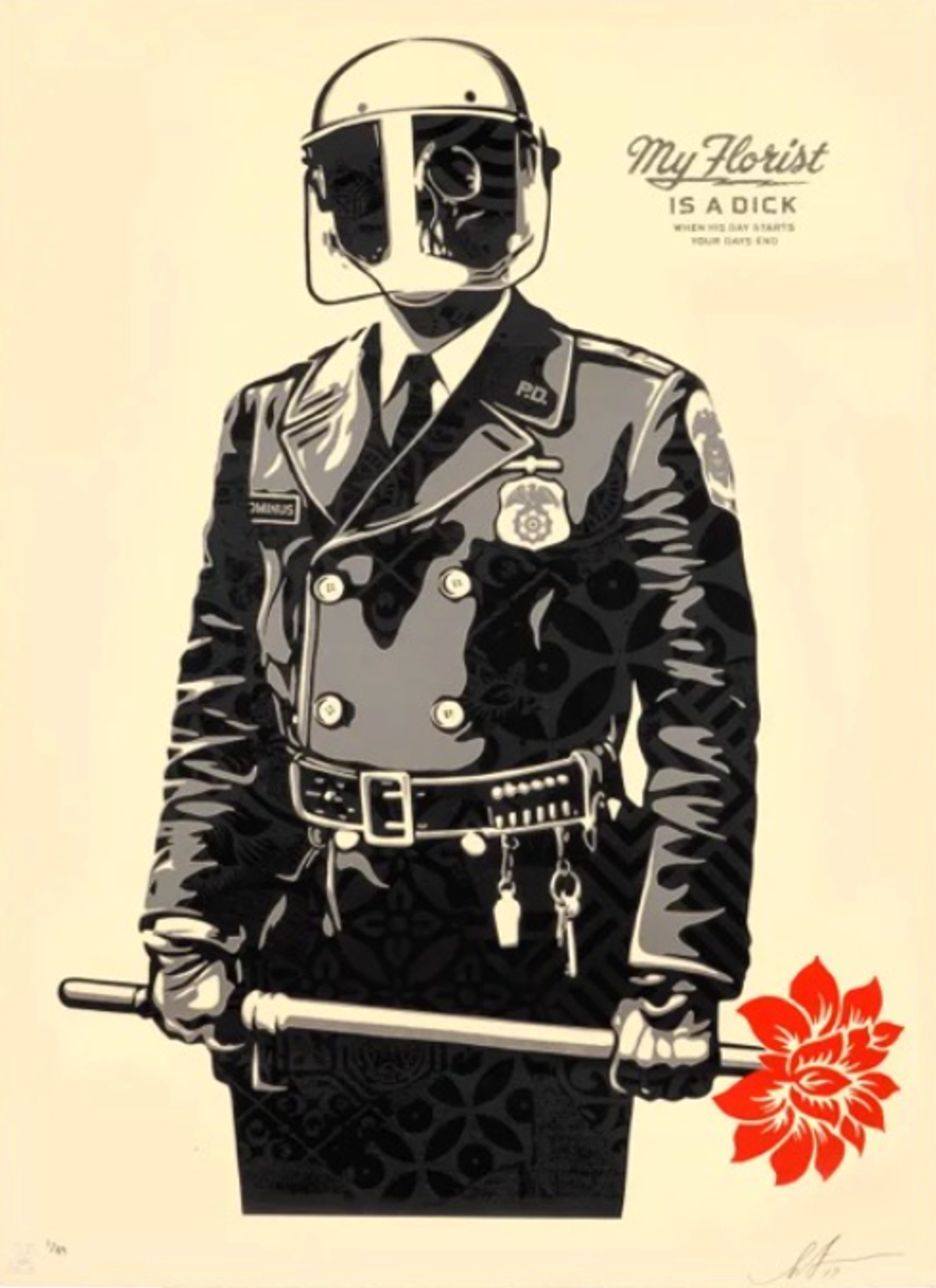 Shepard Fairey, My Florist is a Dick, 2023 Courtesy the artist and Art At A Time Like This

