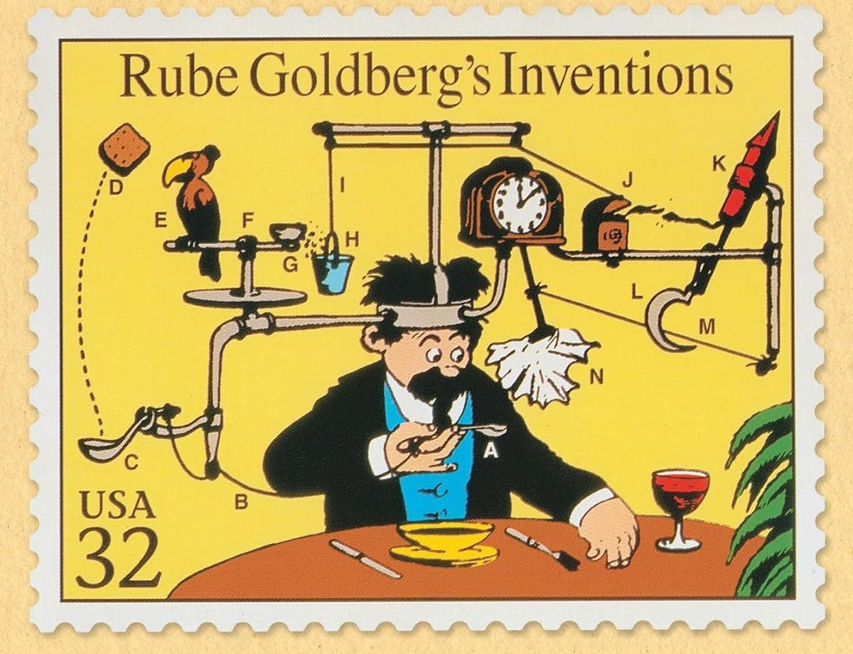 A postage stamp (date unknown) celebrating Rube Goldberg's cartoons © Rube Goldberg Inc.