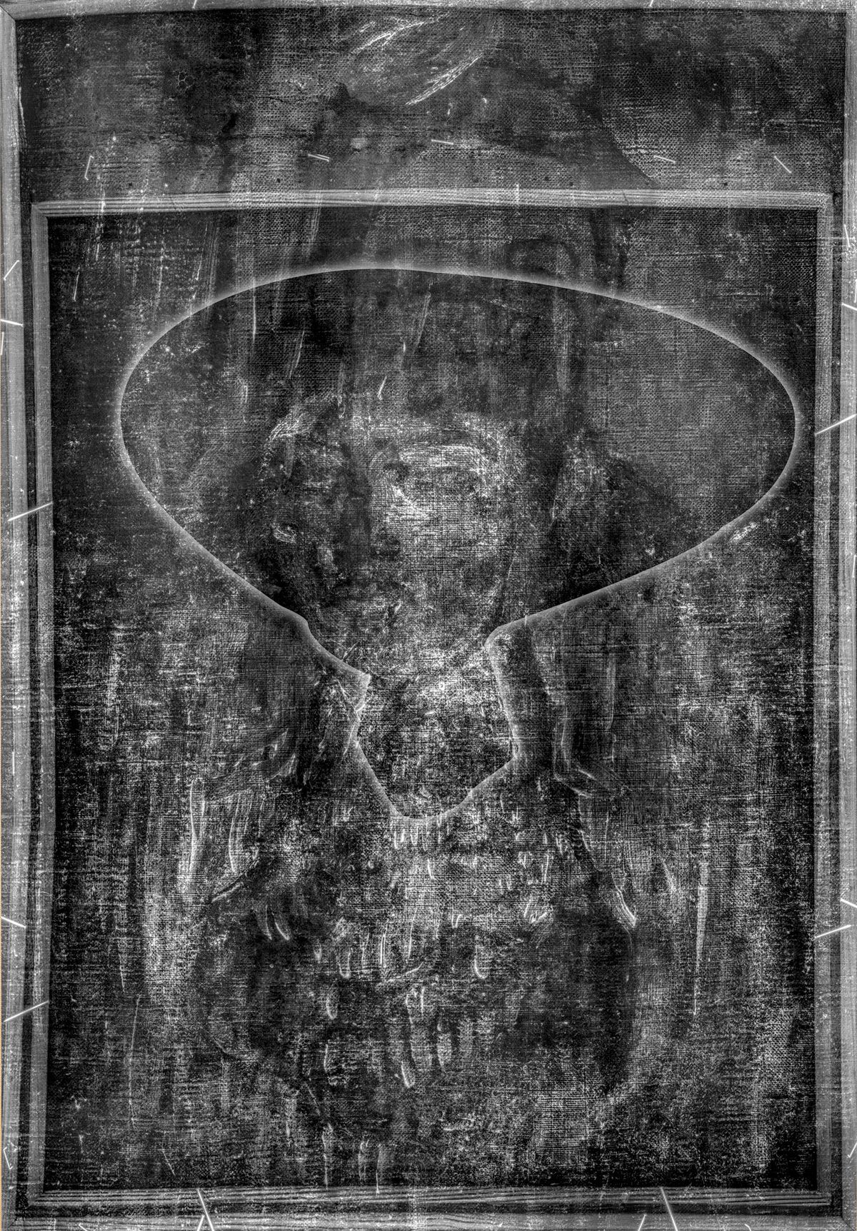 X-ray imaging of Modigliani's Nude with a Hat (1908) showing the silhouette of an earlier sketch Imagery by Ron Pincu, courtesy Hecht Museum