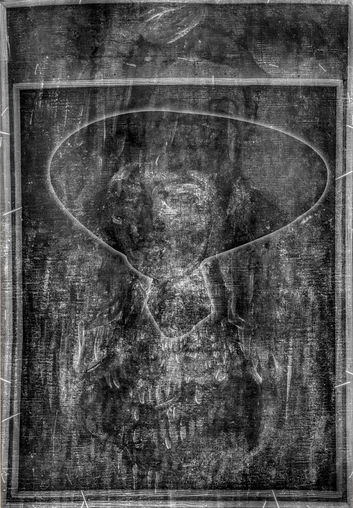 X-ray imaging of Modigliani's Nude with a Hat (1908) showing the silhouette of an earlier sketch Imagery by Ron Pincu, courtesy Hecht Museum