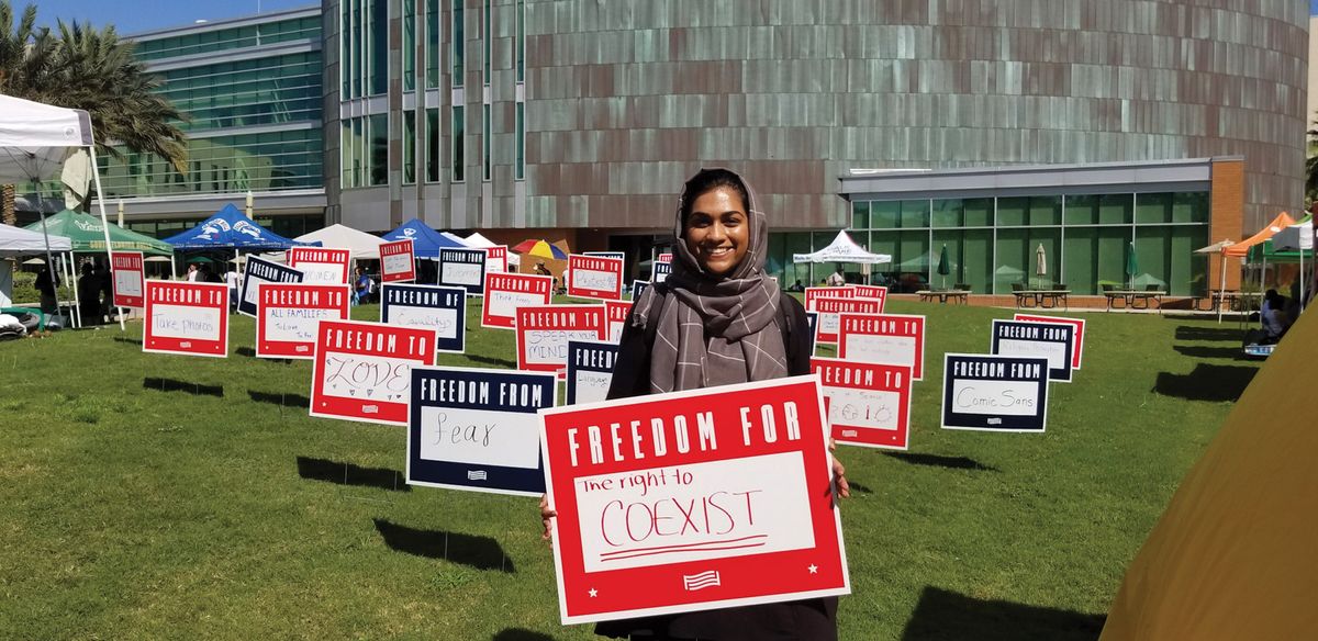Sign of the times: a university campus event organised by the For Freedoms group to engage young voters Photo: USF Contemporary Art Musuem, Courtesy of For Freedoms Congress