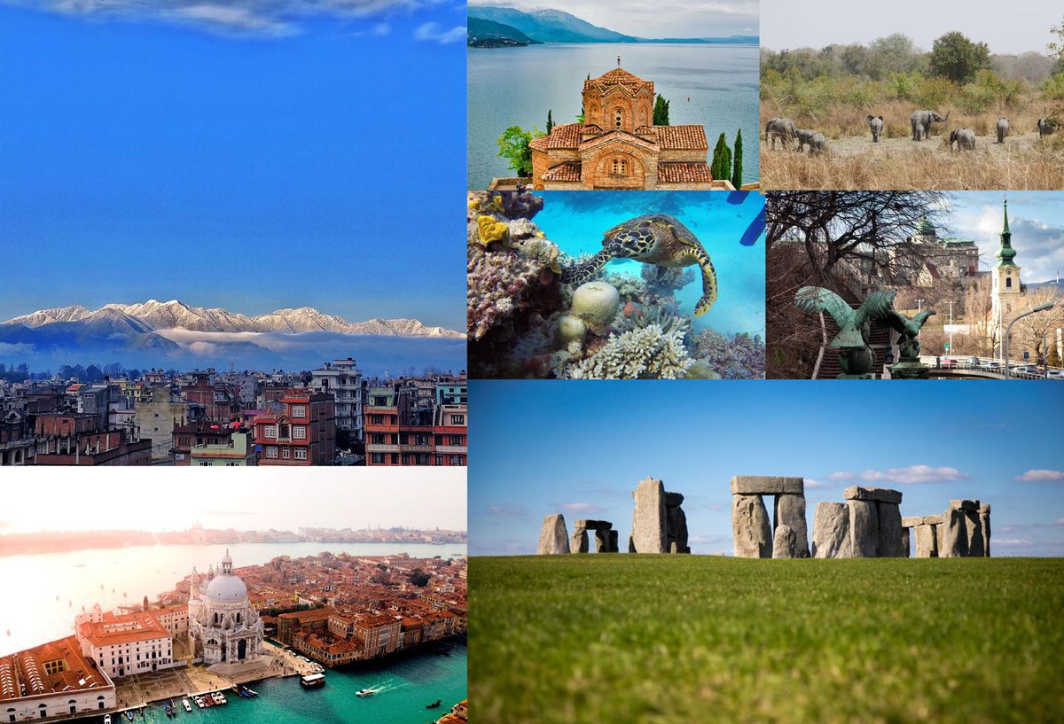 Clockwise from left: Kathmandu Valley in Nepal, Ohrid region, W-Arly-Pendjari nature reserve, Buda Castle, Great Barrier Reef, Stonehenge, Venice © Sanjay Hona; © Gorjan Ivanovski; © Andrey Kremkov; © Chad Taylor; © Robert Koorenny; © canmandawe