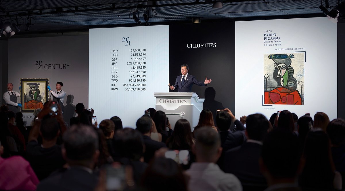 Picasso's 1944 painting Buste de Femme set his Asia record price at Christie's Hong Kong, hammering for HK$196.75m (US$25.4m)