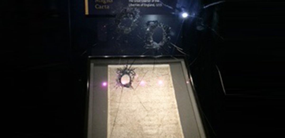 The damaged case protecting the Magna Carta at the Salisbury Cathedral Courtesy of Wiltshire Police