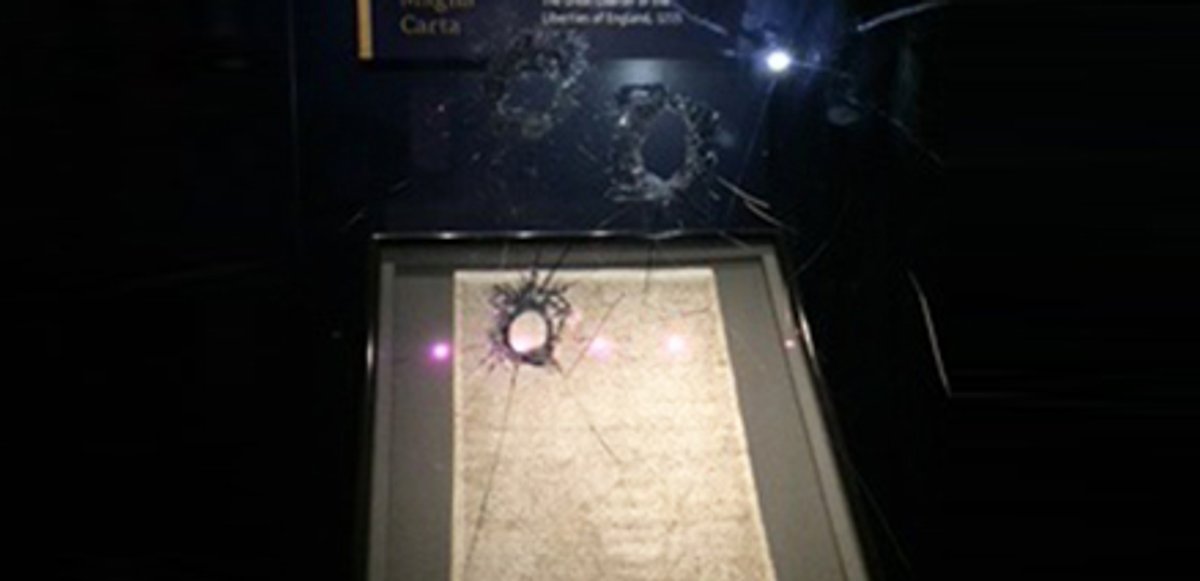 The damaged case protecting the Magna Carta at the Salisbury Cathedral Courtesy of Wiltshire Police