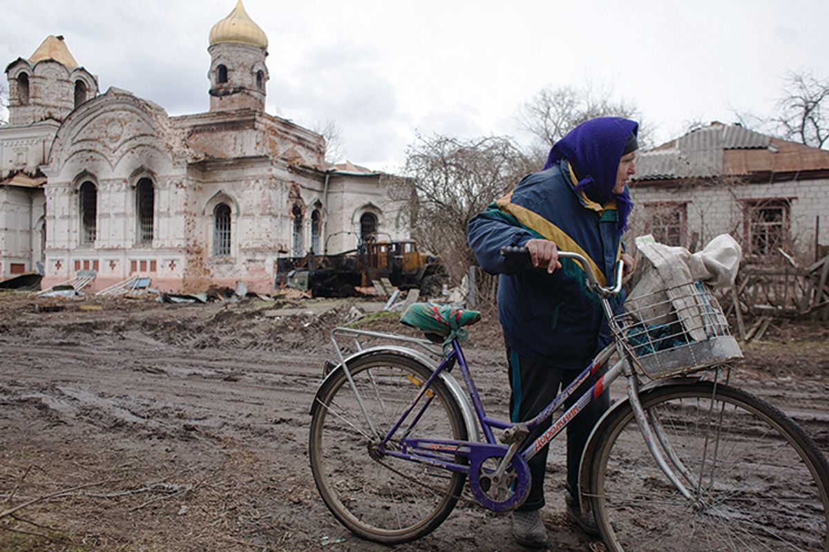 A destroyed church that served as a military shelter for Russian soldiers in the Ukrainian village of Lukashivka near Chernihiv. As of 16 May, Unesco had identified verified damage to 110 cultural sites across the country, including 48 religious sites.
© Anastasia Vlasova/Getty Images