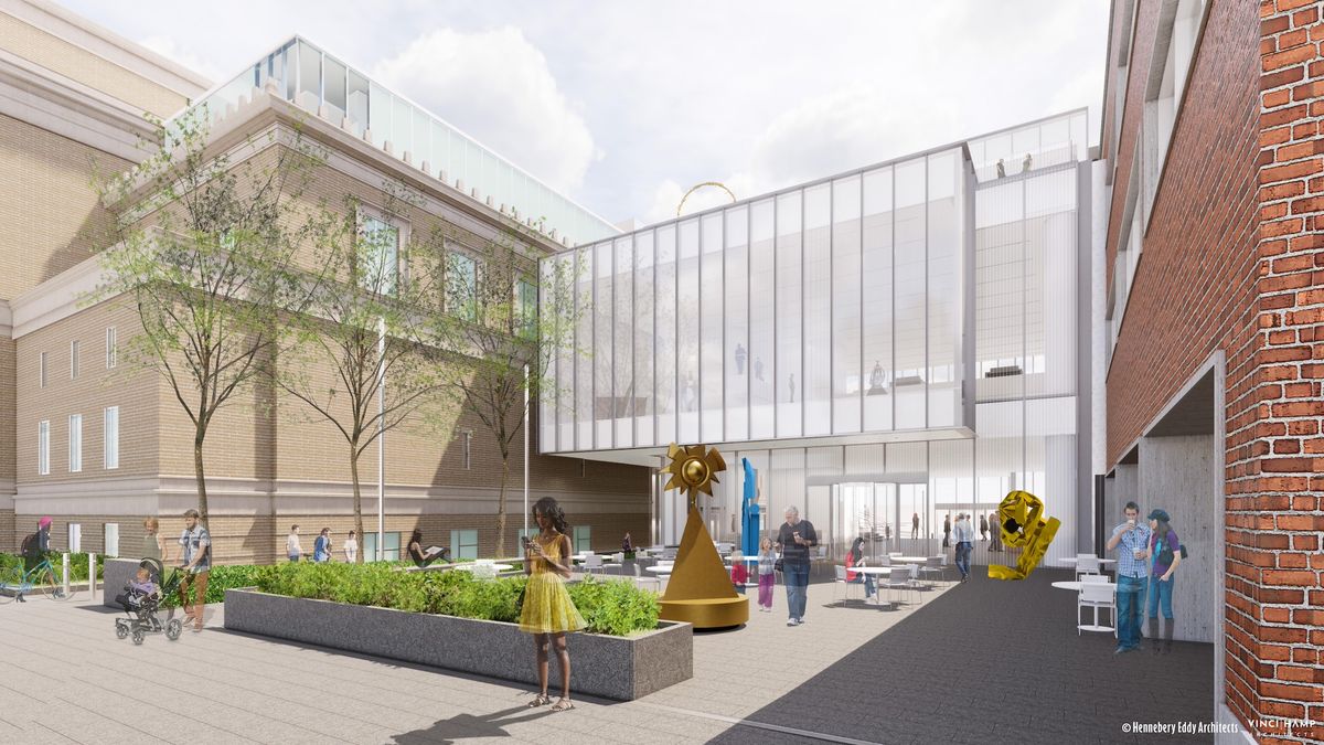 View of the west plaza of the Portland Art Museum from Southwest 10th Avenue Rendering by Hennebery Eddy Architects and Vinci Hamp Architects