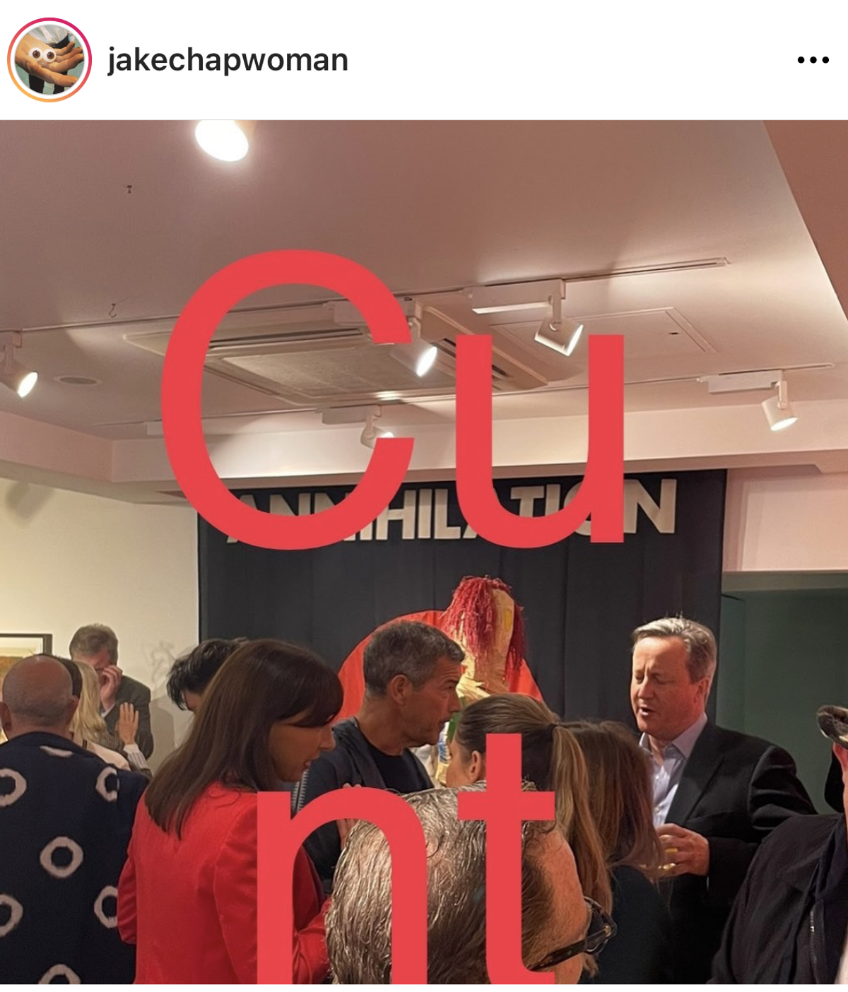 Jake Chapman took to Instagram to display his displeasure at David Cameron attending the opening of his exhibition at Paradise Row Projects. Courtesy of Instagram