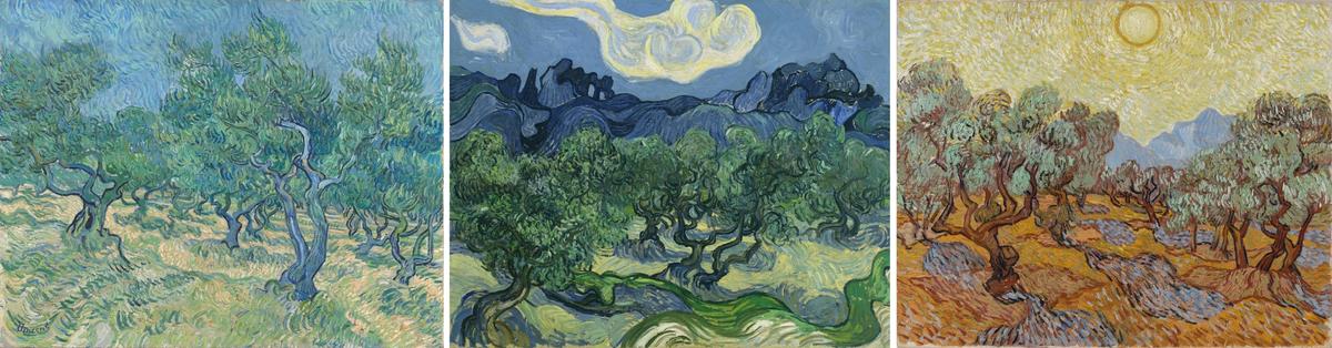 Van Gogh’s Olive Grove (July 1889), Olive Trees (June 1889) and Olive Trees (June 1889) Courtesy of Kröller-Müller Museum, Otterlo (photo: Rik Klein Gotink); Museum of Modern Art, New York (license: SCALA/Art Resource); and Minneapolis Institute of Art (William Hood Dunwoody Fund, 51.7)